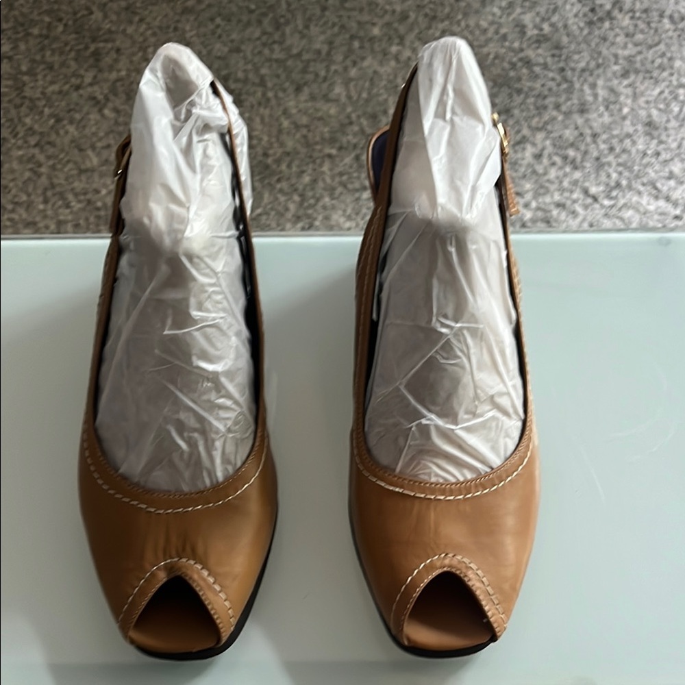 Etienne Aigner Tan Leather Peep-Toe Heels size 8